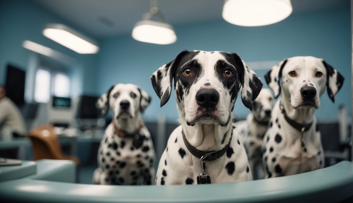 A group of aging Dalmatians receive eye exams and preventive care in a veterinary clinic