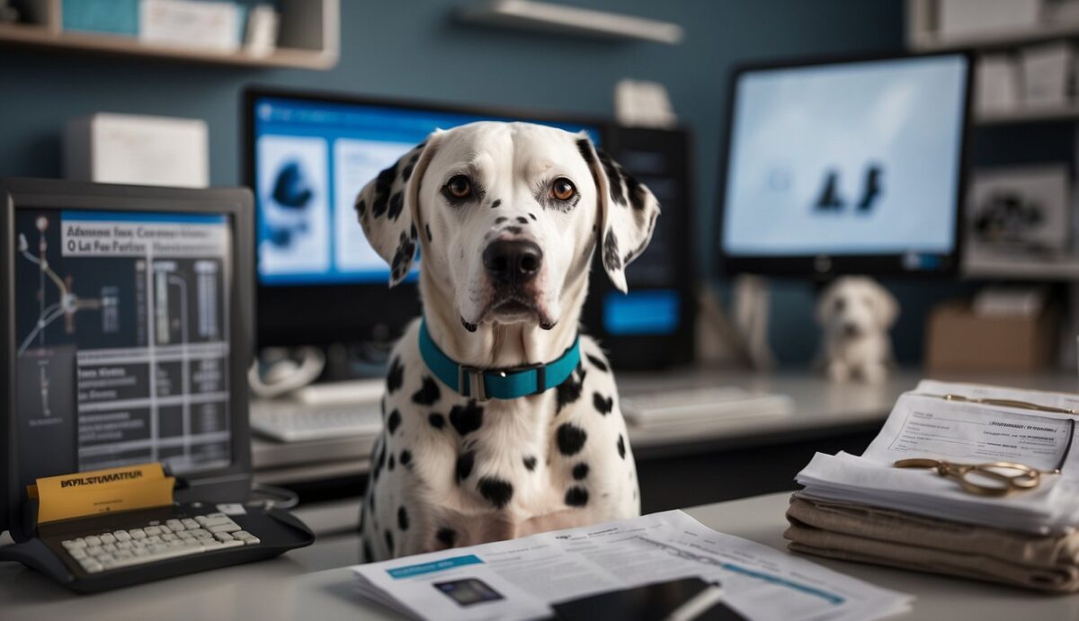 A Dalmatian sits next to a veterinarian, surrounded by eye care resources and support materials. Charts and brochures display common conditions and preventive care information