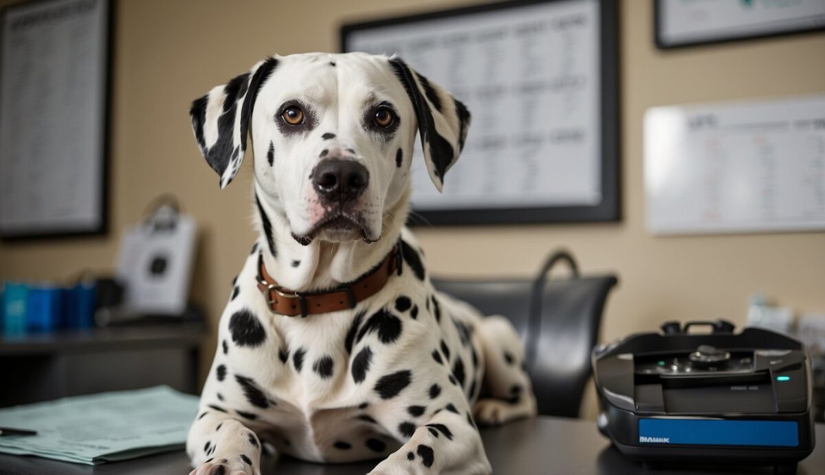A Dalmatian sits in a vet's office, surrounded by posters of eye conditions. The vet points to a chart showing common eye issues in Dalmatians