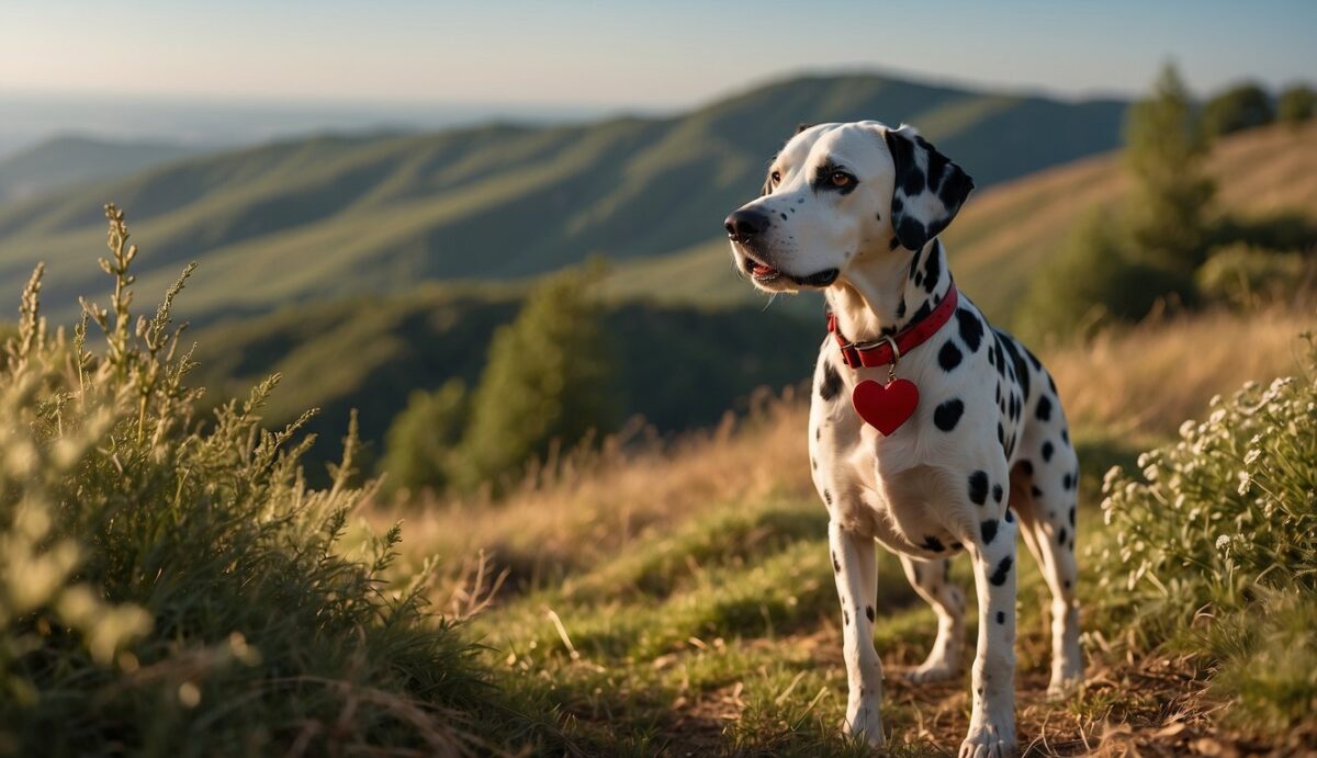 A Dalmatian exercises on a sunny hill, surrounded by greenery and a clear blue sky, with a happy and strong heart symbol above its chest