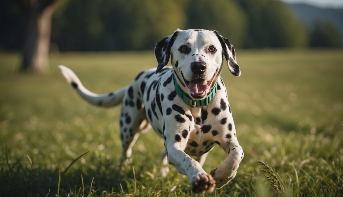 A Dalmatian with a strong and healthy heart, running and playing freely in a green, open field under a clear blue sky
