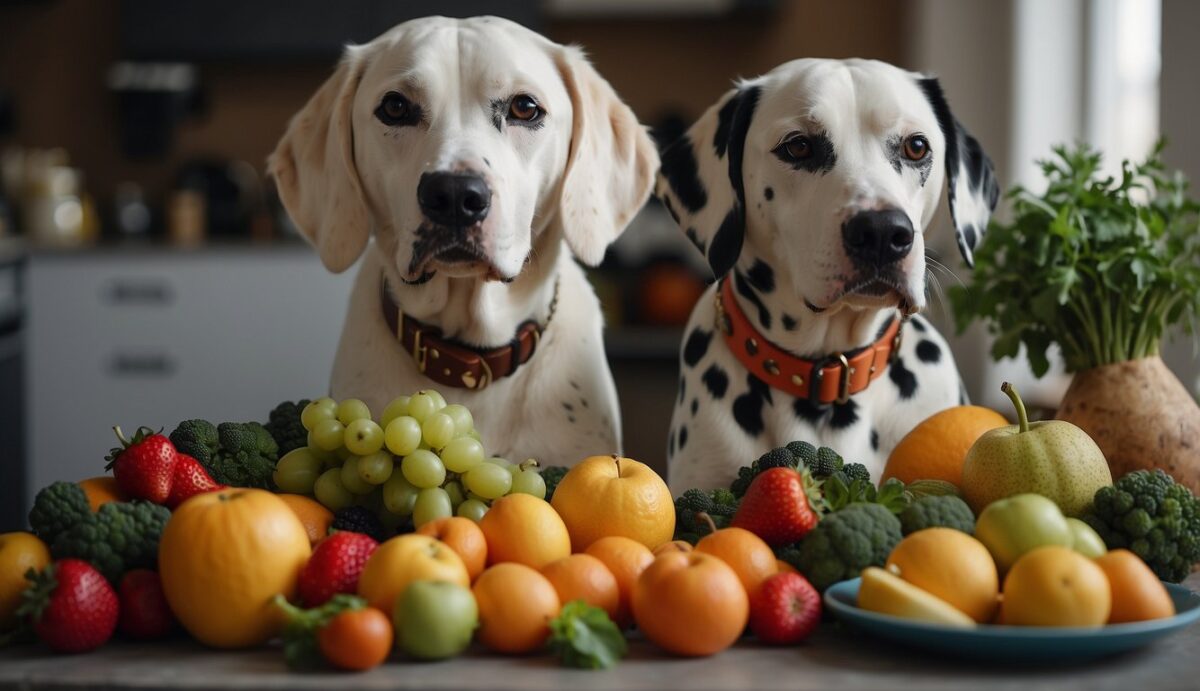 A Dalmatian dog eating heart-healthy foods, surrounded by fruits, vegetables, and a bowl of water