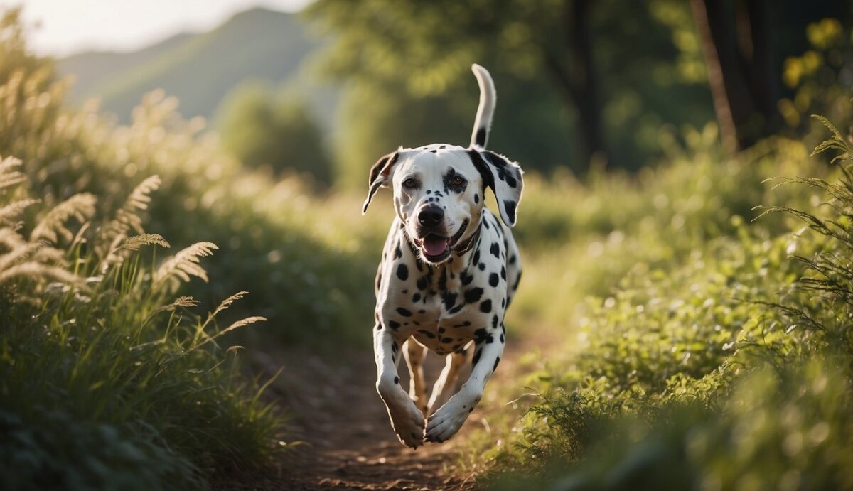 A Dalmatian dog running on a trail, with a healthy weight and strong heart, surrounded by greenery and sunshine
