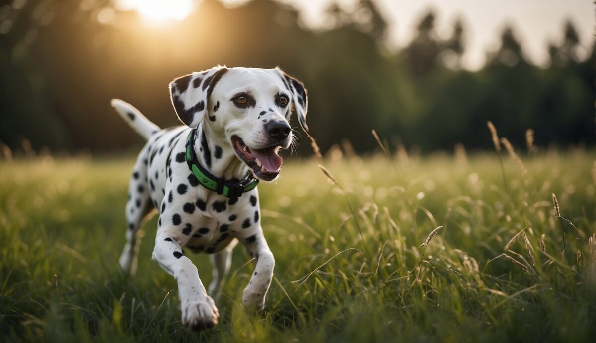 A Dalmatian with a strong, healthy heart, running and playing energetically in a green field, with a stethoscope and heart rate monitor nearby
