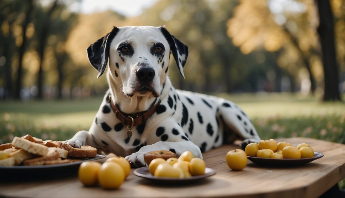 A Dalmatian exercises in a park, eats a balanced diet, and rests in a cozy bed, promoting cardiac health