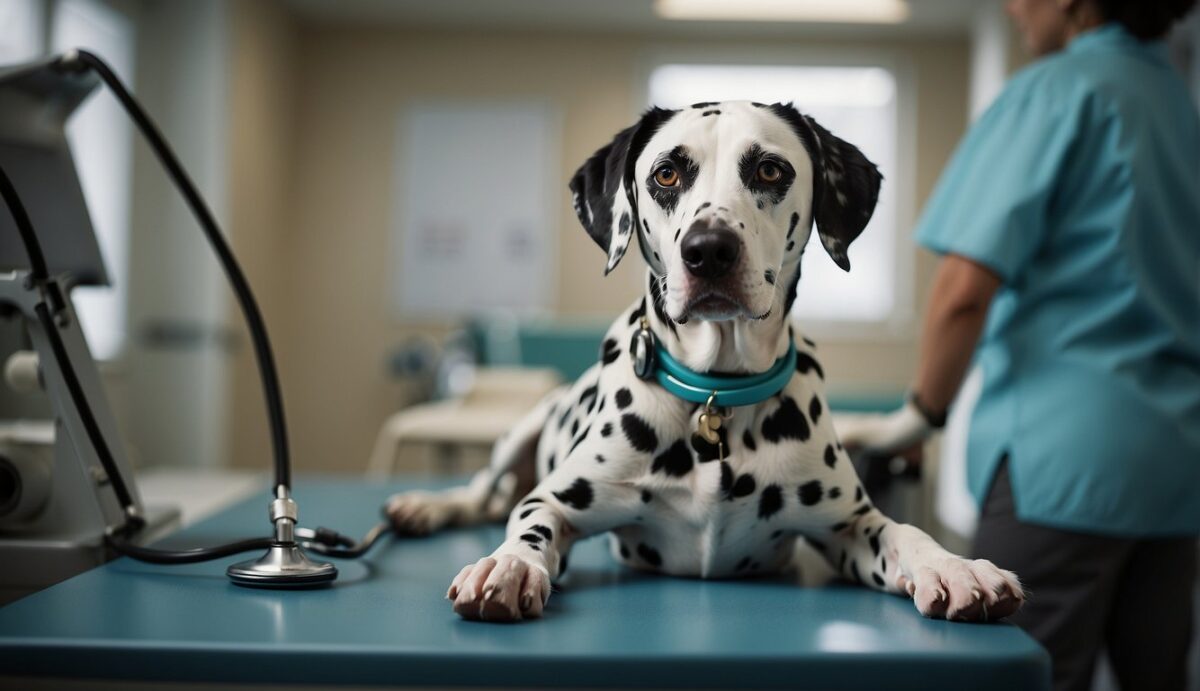 A Dalmatian lies on a veterinary examination table, a stethoscope is placed on its chest as a veterinarian listens to its heart. A chart on the wall shows a healthy heart and a Dalmatian breed