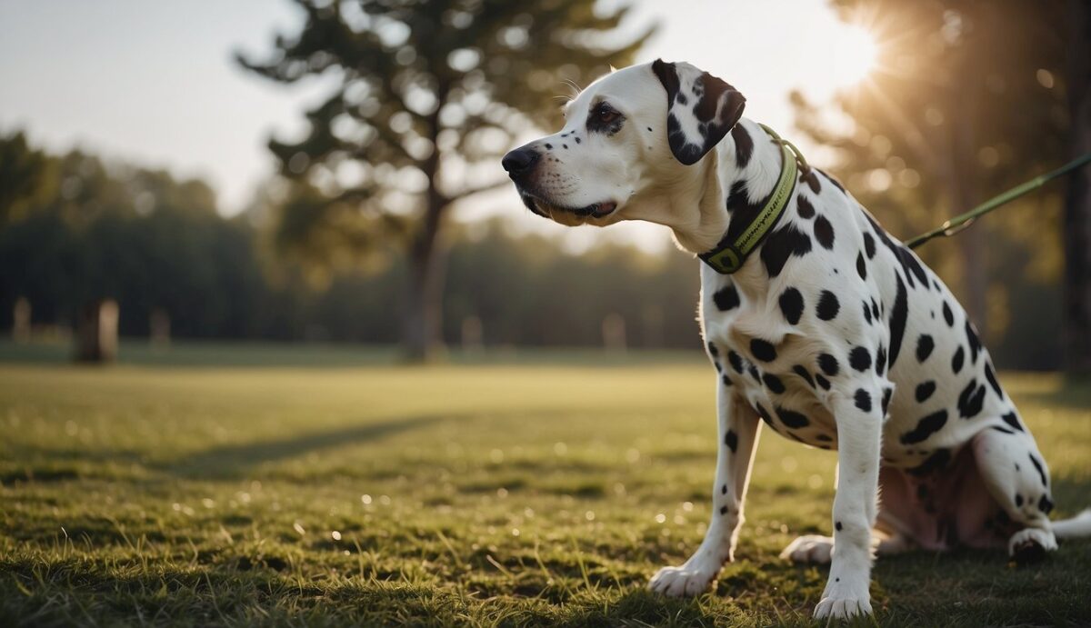 An older Dalmatian with a strong and healthy heart, exercising and being monitored by a veterinarian for cardiac health