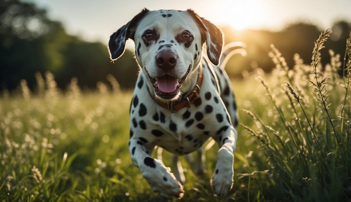 A Dalmatian dog running in a green field, with a bright blue sky and a vibrant sun shining down. The dog is full of energy and vitality, showcasing a strong and healthy heart