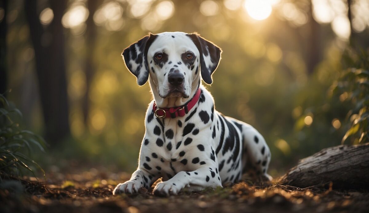 A Dalmatian dog sits proudly, with a strong and healthy heart beating visibly in its chest. The dog is surrounded by symbols of good cardiac health, such as a heart shape and exercise equipment