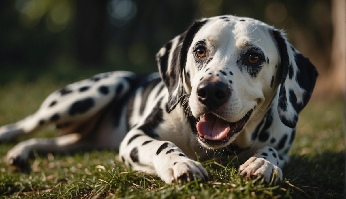 A Dalmatian lies on its side, panting heavily with a distended abdomen. Its body language shows signs of discomfort and distress