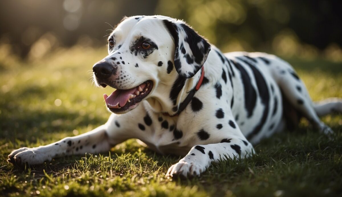 A Dalmatian lays on its side, panting heavily with a distended abdomen. Its body language shows signs of discomfort and pain
