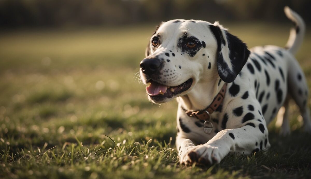 A Dalmatian dog eats quickly and then runs around. Its stomach swells and twists, causing severe pain and distress