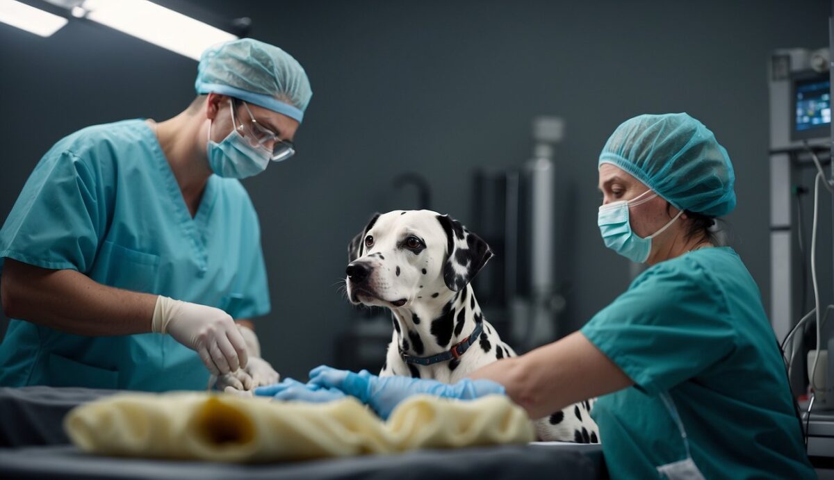 A Dalmatian lies on its side, stomach distended. A veterinarian performs a surgical procedure to relieve gastric torsion. Medical equipment and tools surround the scene