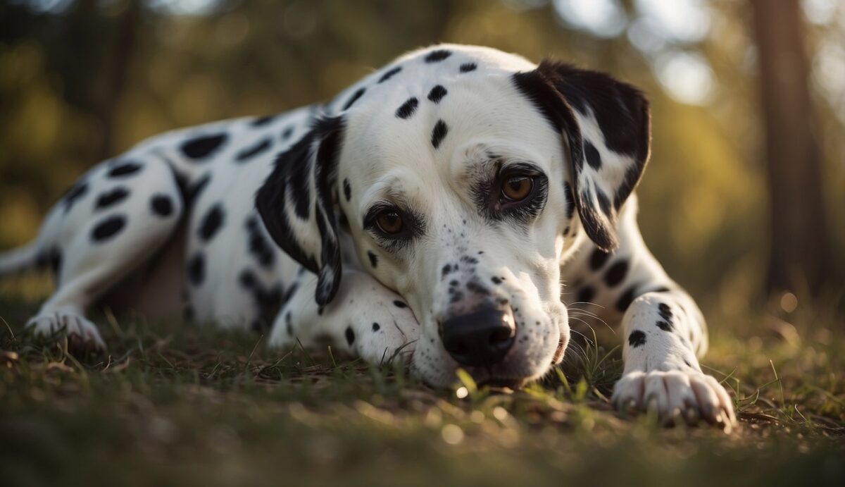 A Dalmatian dog lying peacefully on its side, with a full belly, and a content expression on its face
