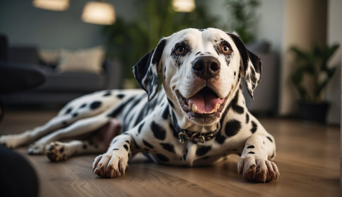 A Dalmatian dog lays on its side, panting heavily with a distended abdomen. Its owner looks concerned as they speak with a veterinarian about gastric torsion