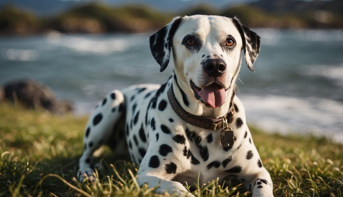 A Dalmatian dog with a bloated stomach, appearing uncomfortable and distressed, with a focus on the abdomen