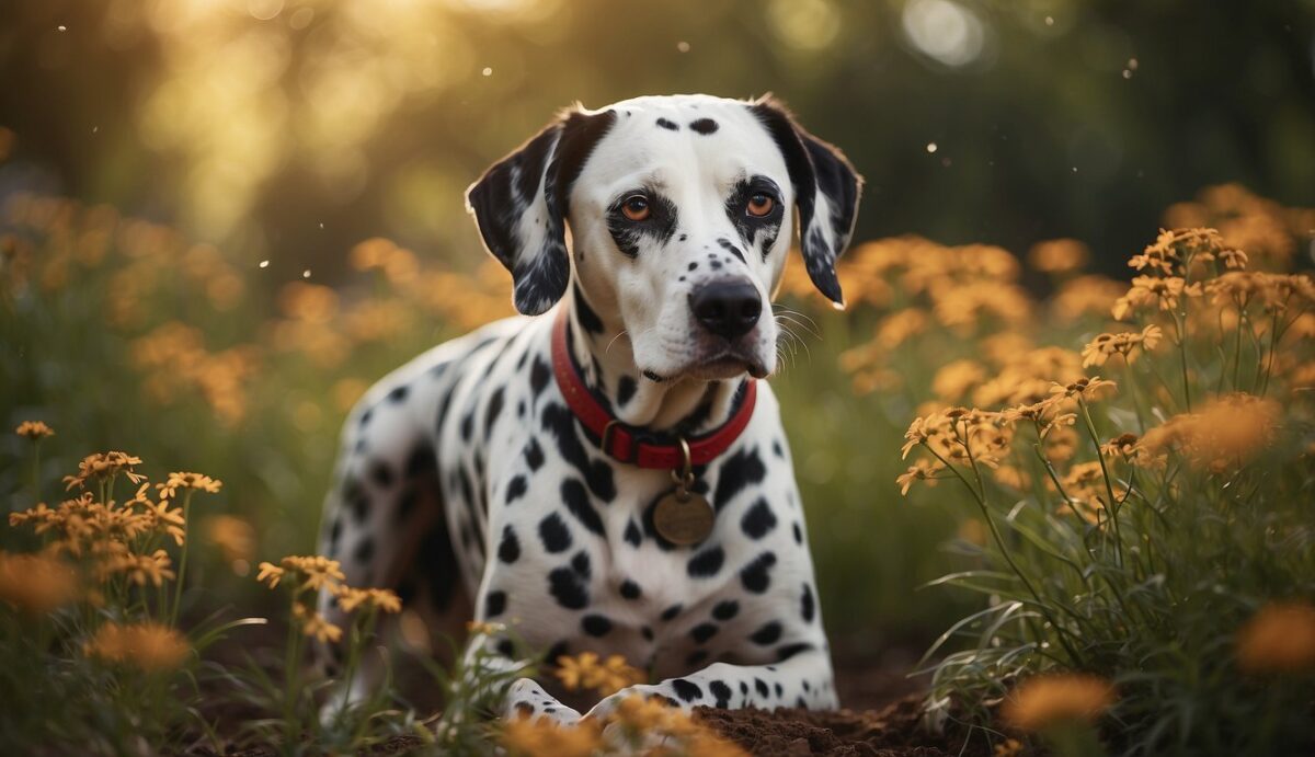 A Dalmatian with red, itchy skin and watery eyes, surrounded by pollen, dust, and pet dander. Medications and grooming tools nearby
