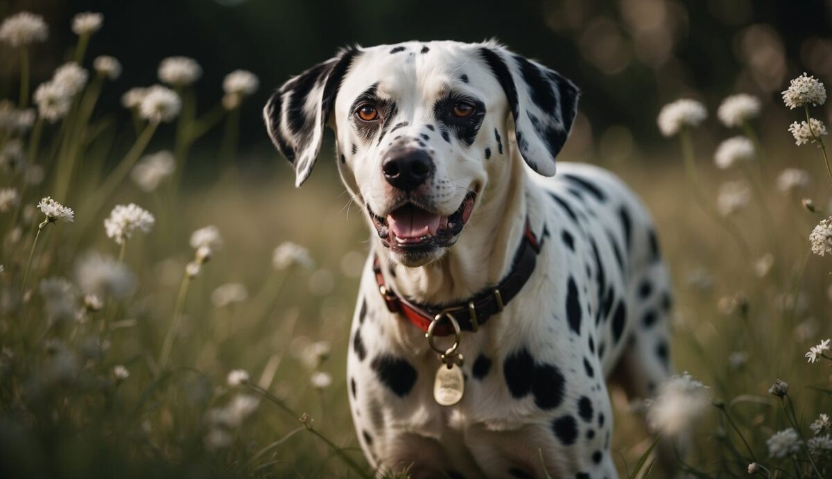 A Dalmatian scratching furiously, red eyes and sneezing, surrounded by pollen, dust, and mold spores