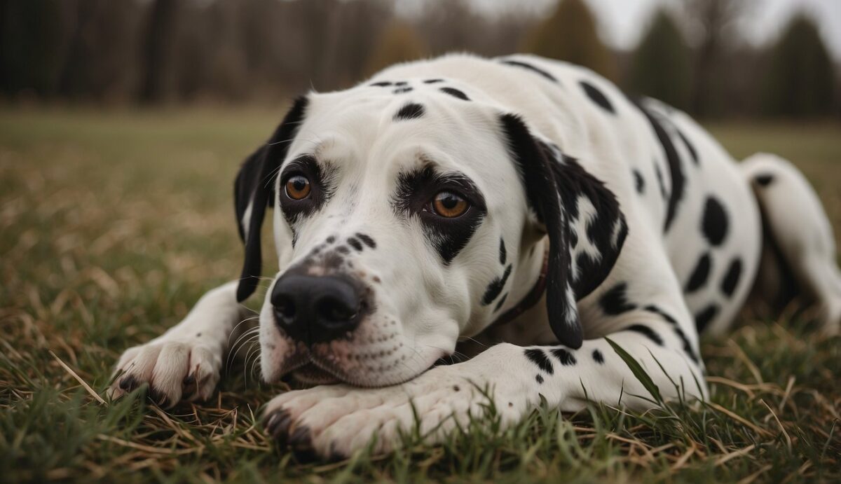 A Dalmatian scratching fur, red eyes, and sneezing. Medications, grooming, and hypoallergenic diet nearby