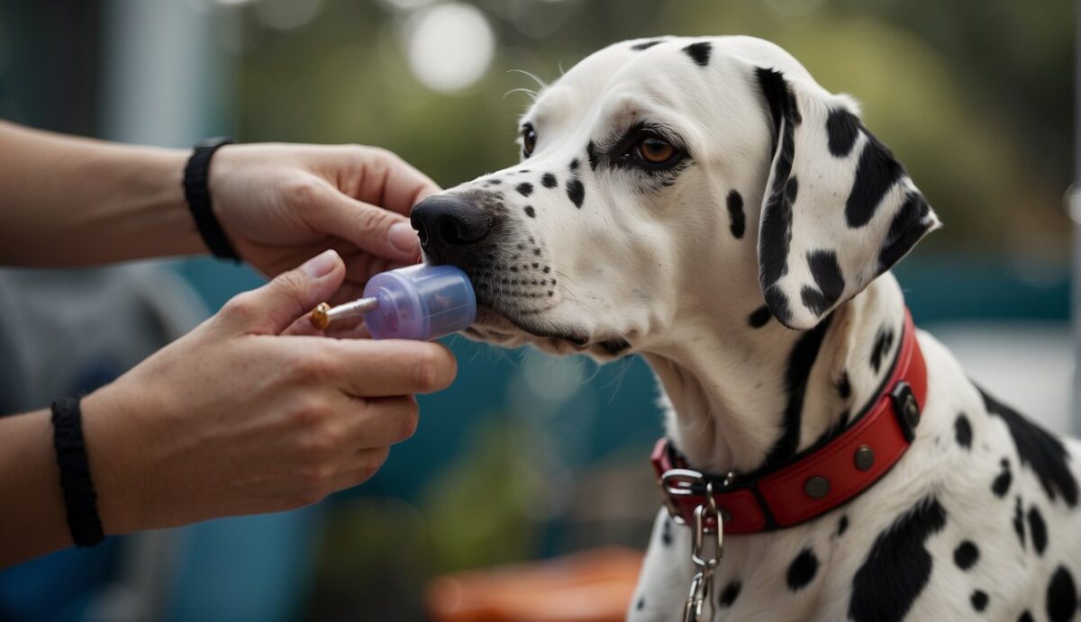 A Dalmatian with red, itchy skin and watery eyes. A vet administers medication while the owner gently brushes the dog's coat