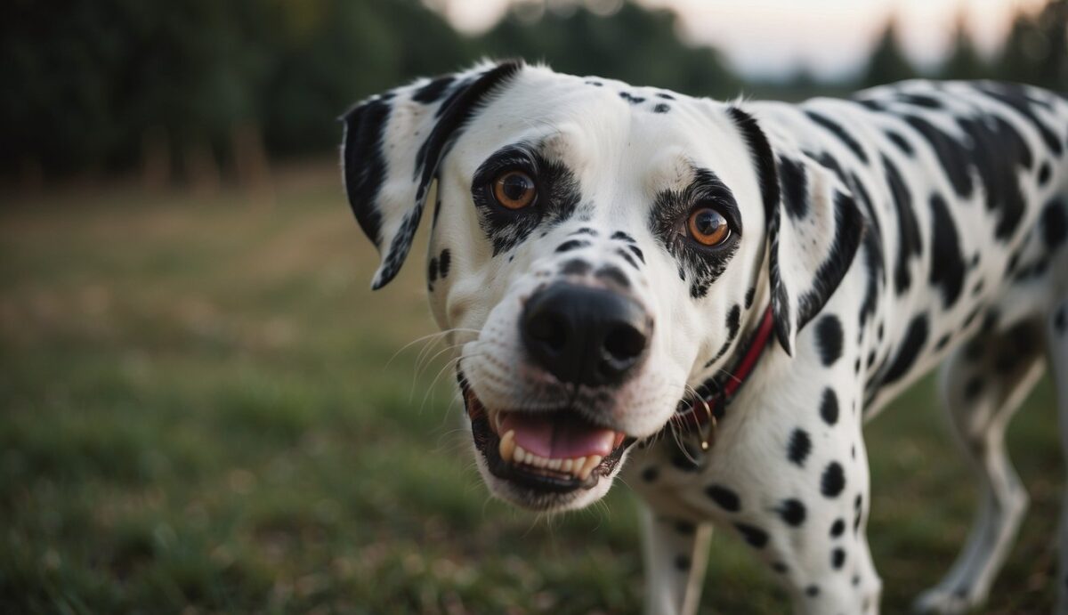 A Dalmatian scratching furiously, red eyes and sneezing. Owner holds allergy medication and a brush