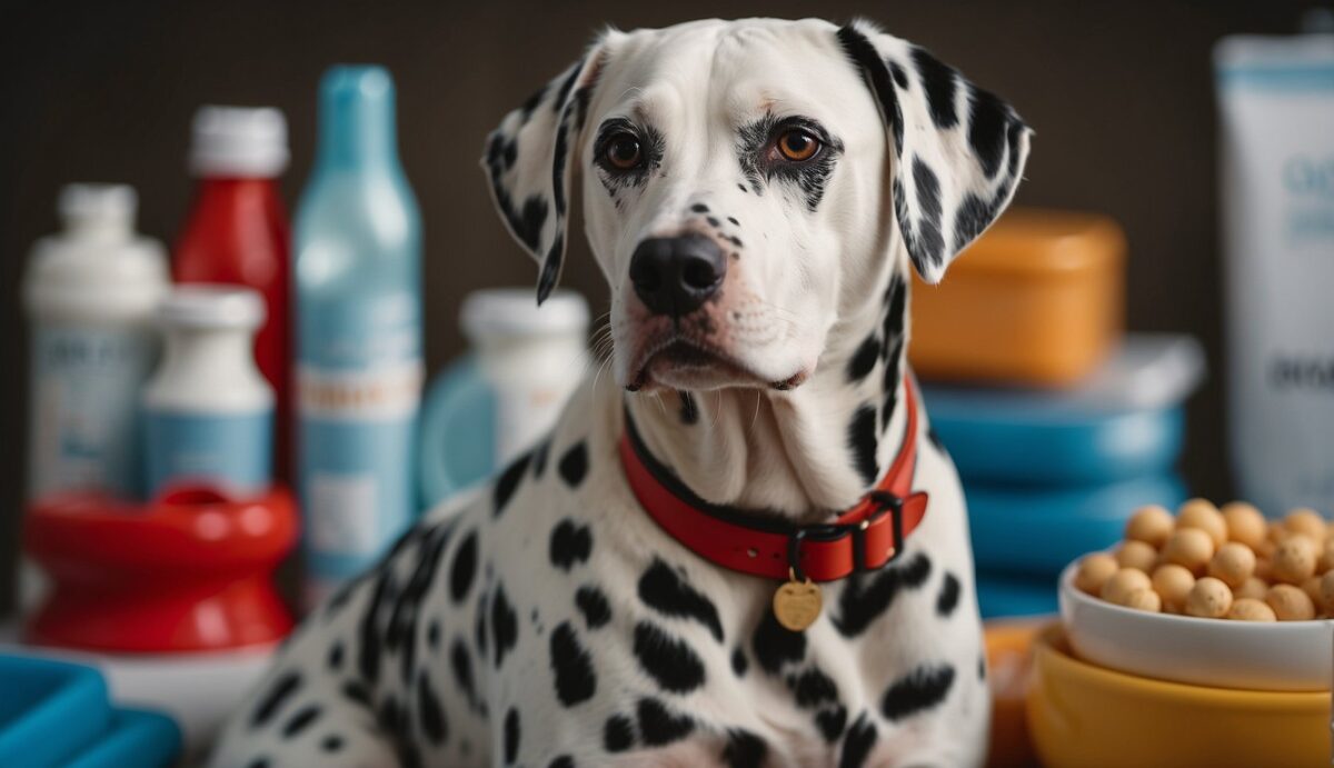 A Dalmatian dog with red, itchy skin and watery eyes, surrounded by various allergy management options such as medications, hypoallergenic food, and air purifiers