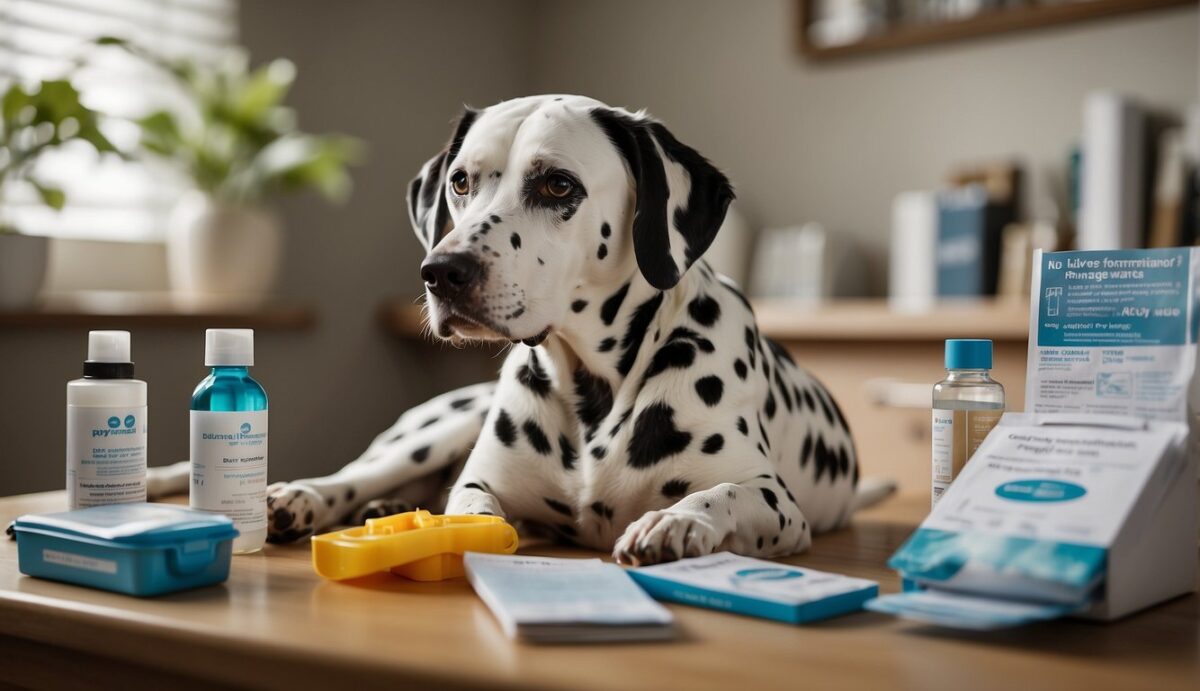 A Dalmatian sits surrounded by allergy management tools and resources, including medications, allergy testing kits, and informational pamphlets