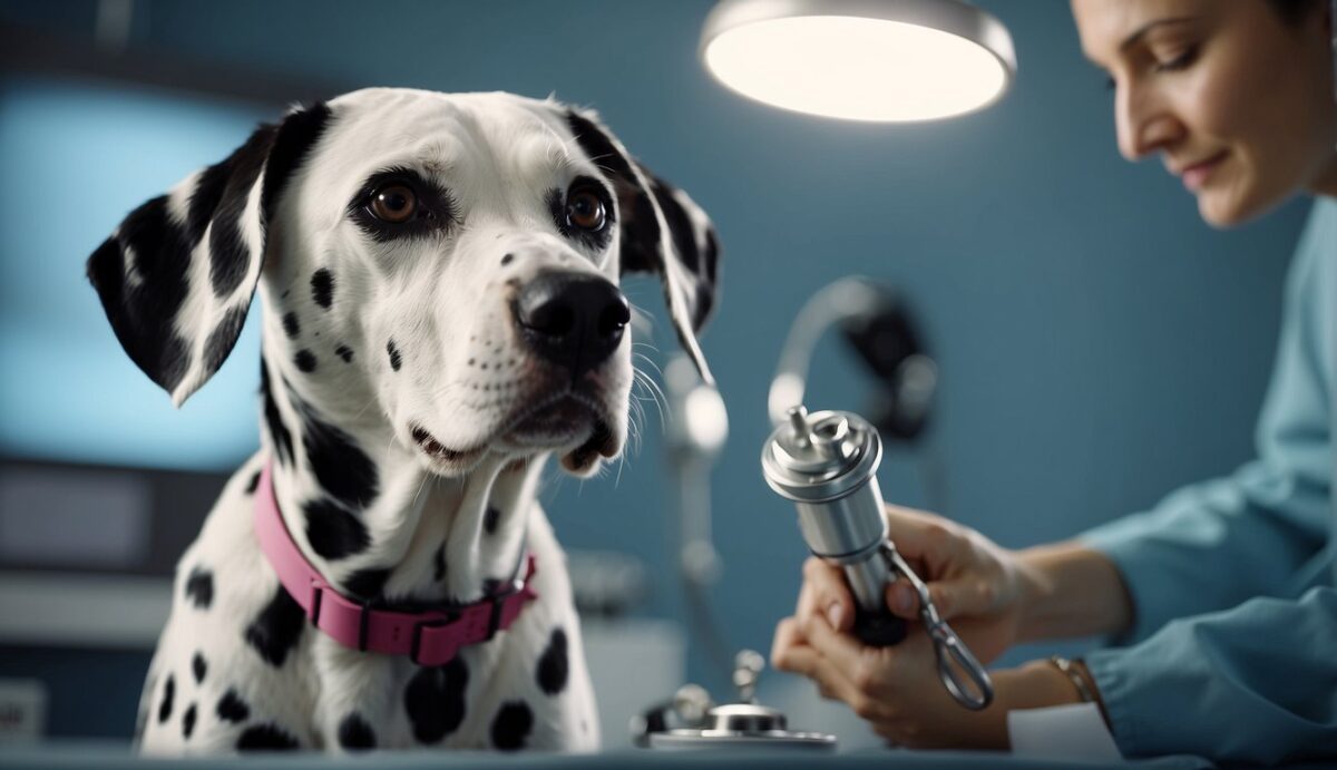 A Dalmatian displaying neurological signs, undergoing diagnostic tests, and receiving treatment from a veterinarian