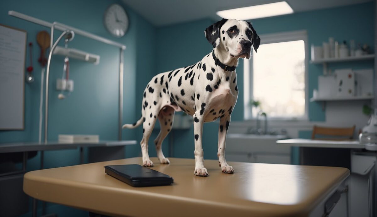 A Dalmatian stands on a veterinary examination table, displaying symptoms of a neurological disorder. The veterinarian examines the dog's gait and reflexes while reviewing diagnostic tests
