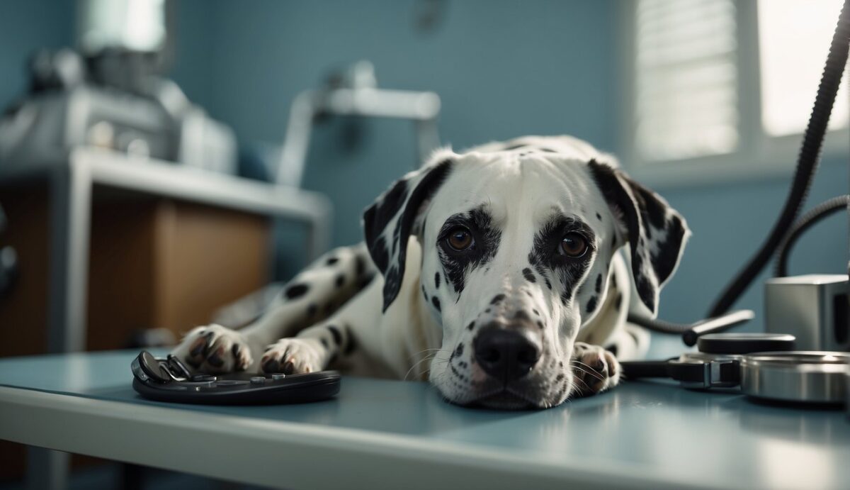 A Dalmatian lies on a veterinary examination table, surrounded by medical equipment. A veterinarian performs neurological tests while a worried owner looks on