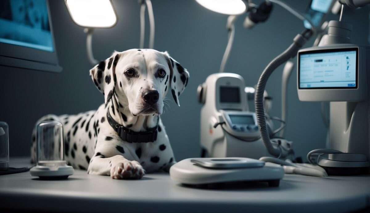 A Dalmatian dog receiving treatment for neurological disorders, surrounded by medical equipment and a veterinarian providing care