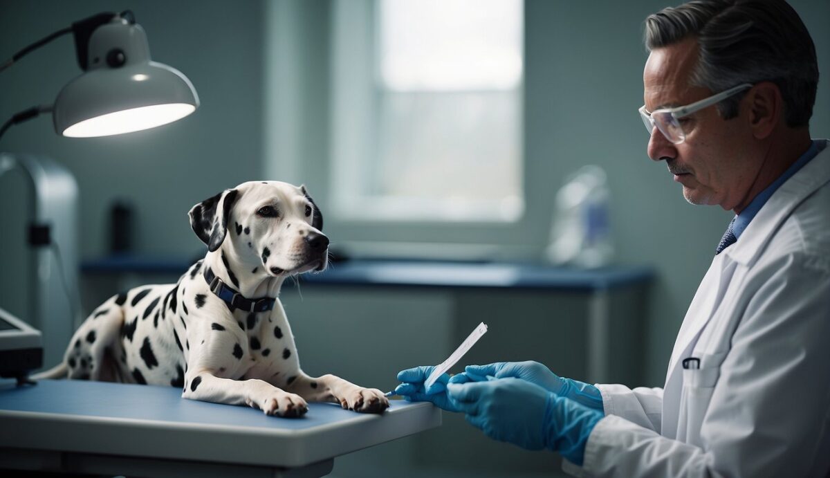 A Dalmatian dog is undergoing neurological tests by a veterinarian. The dog is being examined for signs of neurological disorders and receiving treatment