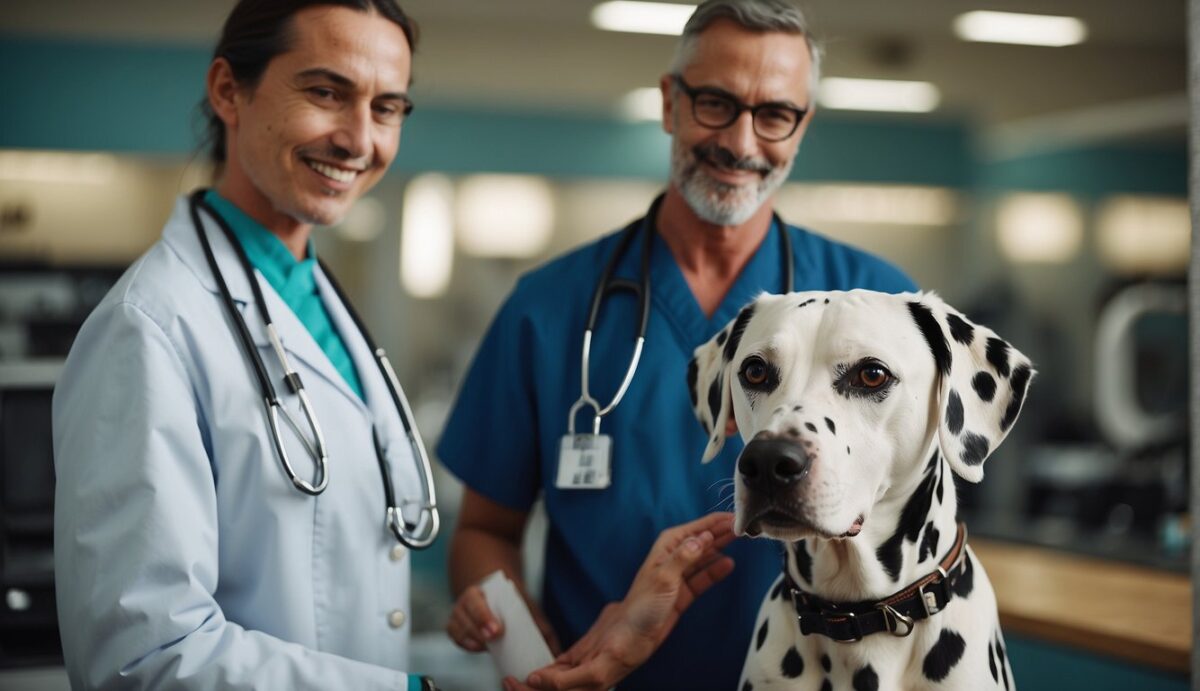 A Dalmatian stands proudly, with a shiny coat and bright eyes, surrounded by a veterinarian and a caring owner. The veterinarian provides specialized care for the Dalmatian's unique reproductive health needs, while the owner looks on with love and