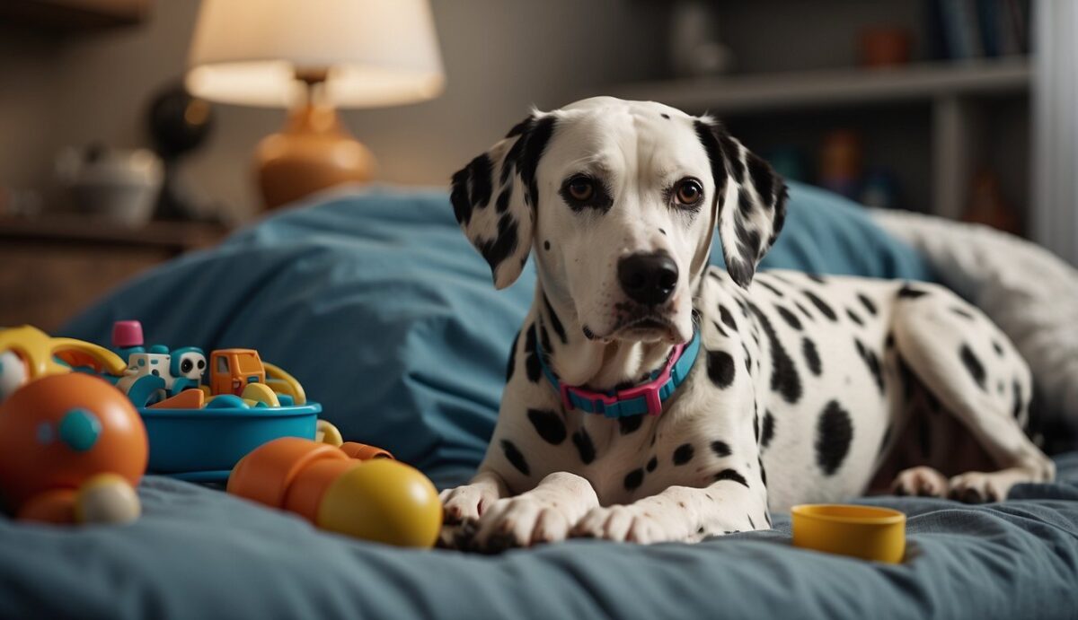 A Dalmatian lounges on a cozy bed, surrounded by toys and a bowl of water. A veterinarian gently examines the dog, checking for signs of reproductive health