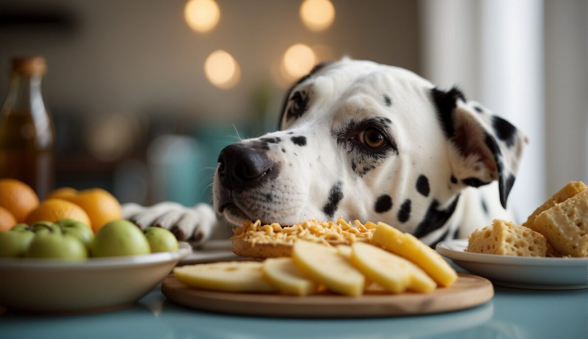 A Dalmatian dog is being fed a balanced diet with a focus on reproductive health. The dog is shown with a healthy coat and vibrant energy, indicating proper nutrition and care