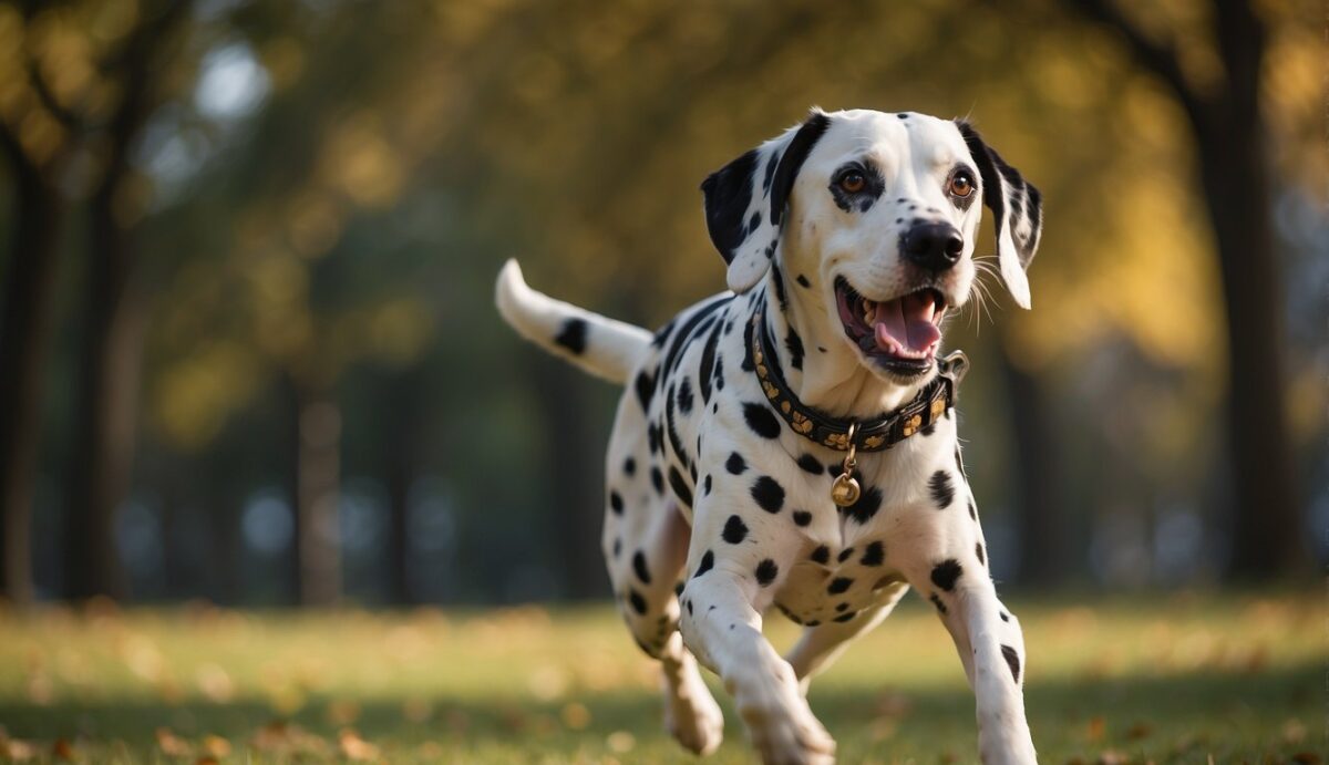 A Dalmatian dog is running through a park, with a ball in its mouth and a leash trailing behind. The dog's tail is wagging, and its coat is shiny and healthy