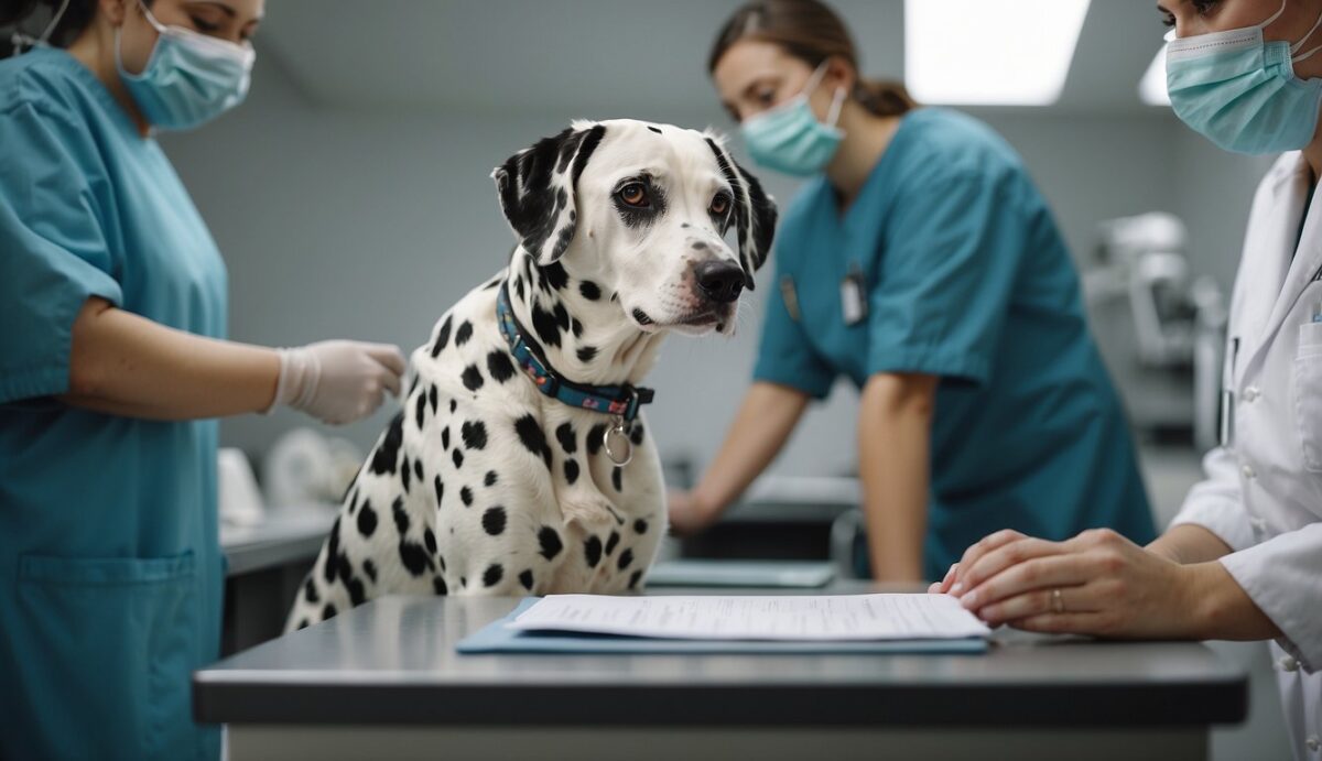 A Dalmatian dog sits on a veterinarian's table, receiving a check-up. The vet discusses reproductive health and prevention with the dog's owner