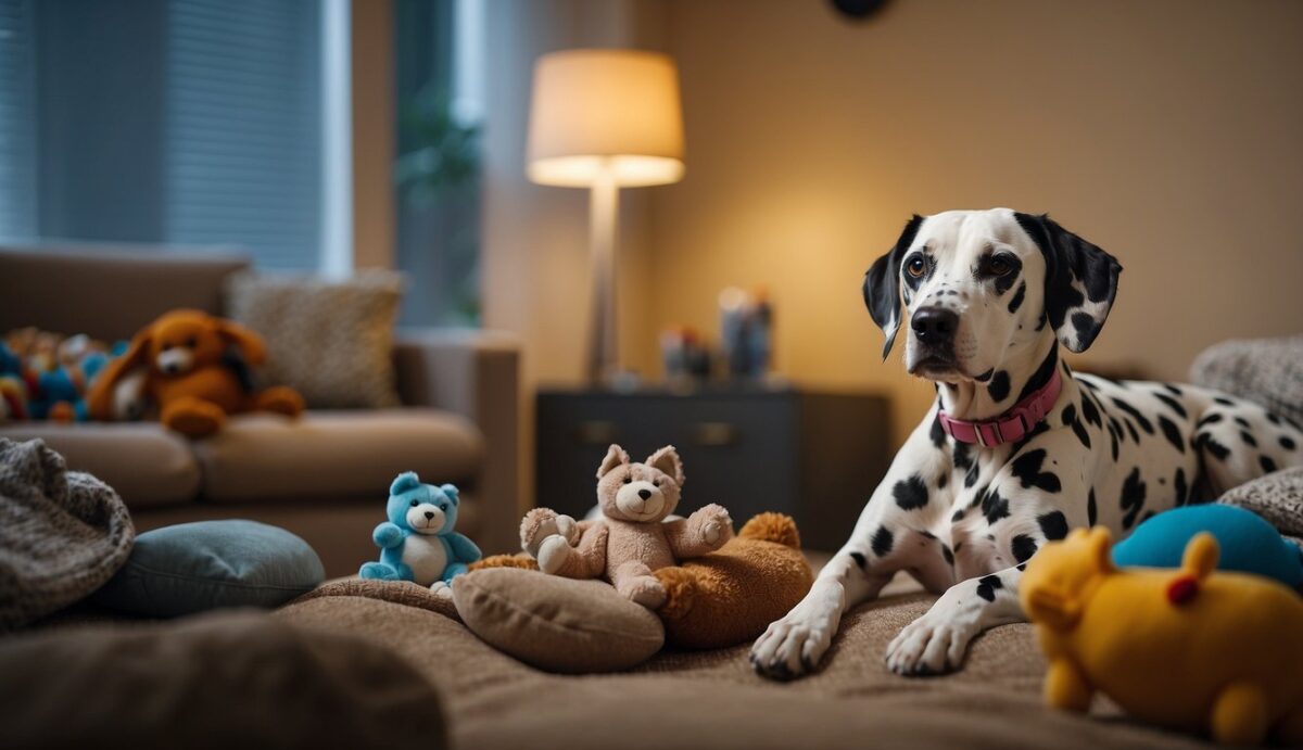 A Dalmatian lounges in a cozy, well-lit room, surrounded by toys and a comfortable bed. A bowl of fresh water sits nearby, and a veterinarian-approved diet is displayed on the wall