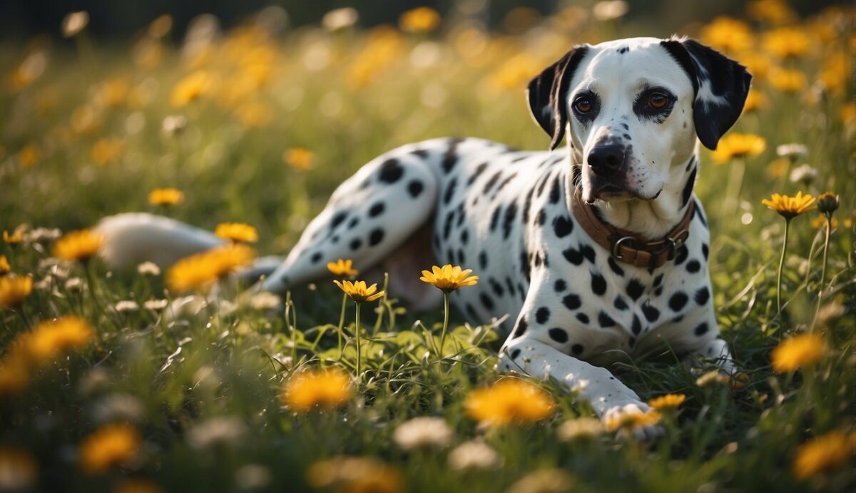 A Dalmatian dog sits in a grassy field, surrounded by vibrant flowers. A halo of protection, including a shield against fleas, ticks, and worms, encircles the dog
