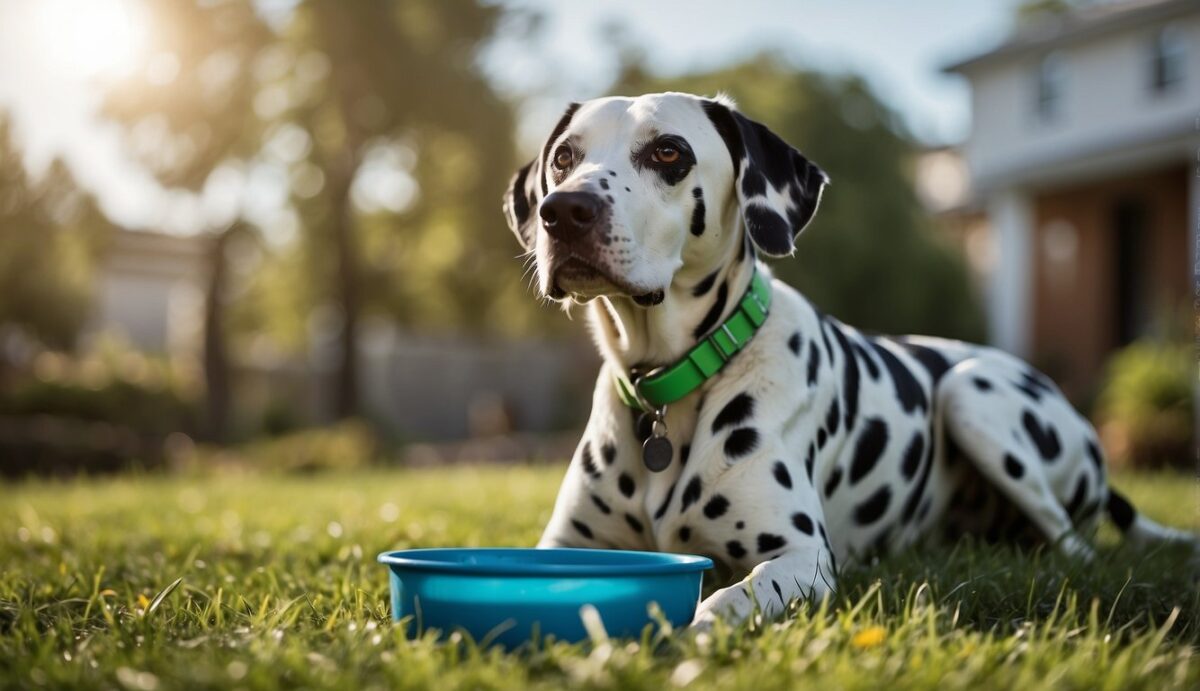 A Dalmatian dog sits in a grassy yard, wearing a flea and tick collar. A bowl of water and food sits nearby, along with a container of parasite prevention medication