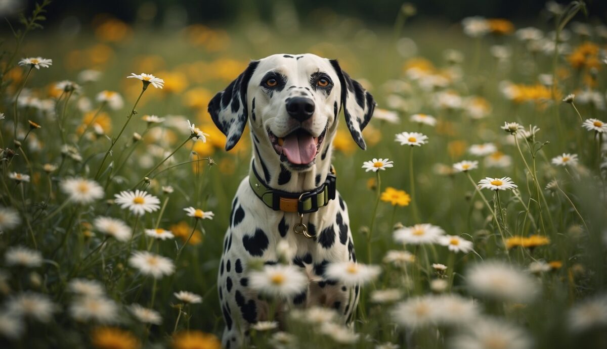 A Dalmatian dog stands in a green meadow, surrounded by flowers. A protective collar is visible around its neck, and a spot-on treatment is being applied to its fur