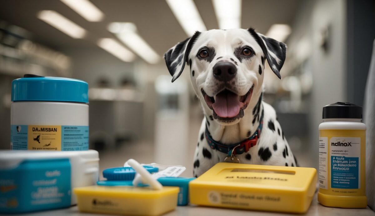 A Dalmatian dog is surrounded by a protective barrier of flea, tick, and worm prevention products. The dog is happy and healthy, with no signs of parasite infestations