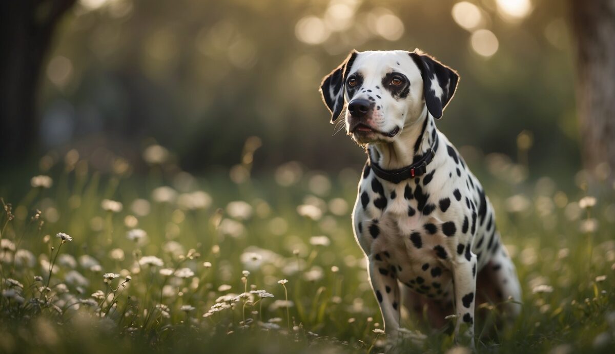 A Dalmatian dog is surrounded by a protective barrier against fleas, ticks, and worms. The dog is in a happy and healthy state, free from any parasites