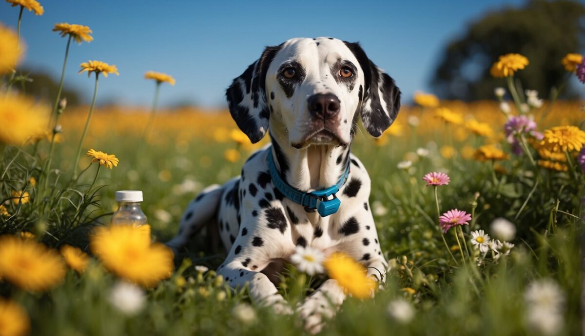 A Dalmatian dog sitting on a green grassy field, surrounded by colorful flowers, with a bright blue sky in the background. A small pill bottle labeled "Parasite Prevention" is placed next to the dog