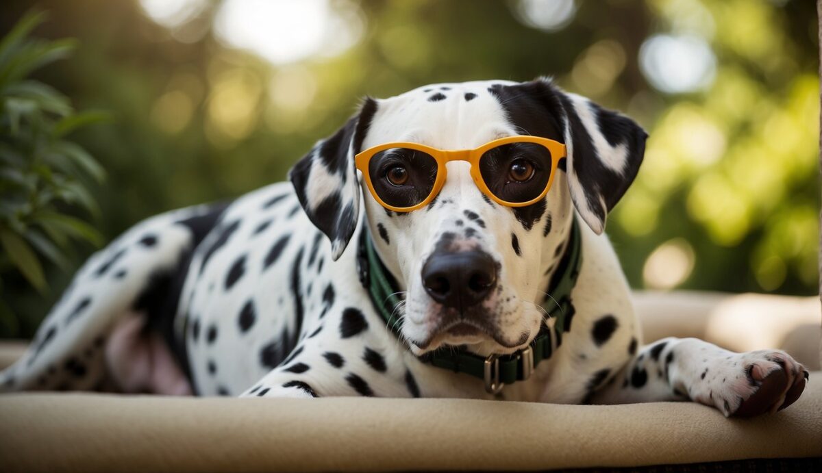 A Dalmatian lounges in a sunny backyard, surrounded by lush greenery. A tick, flea, and worm prevention collar is visible around its neck