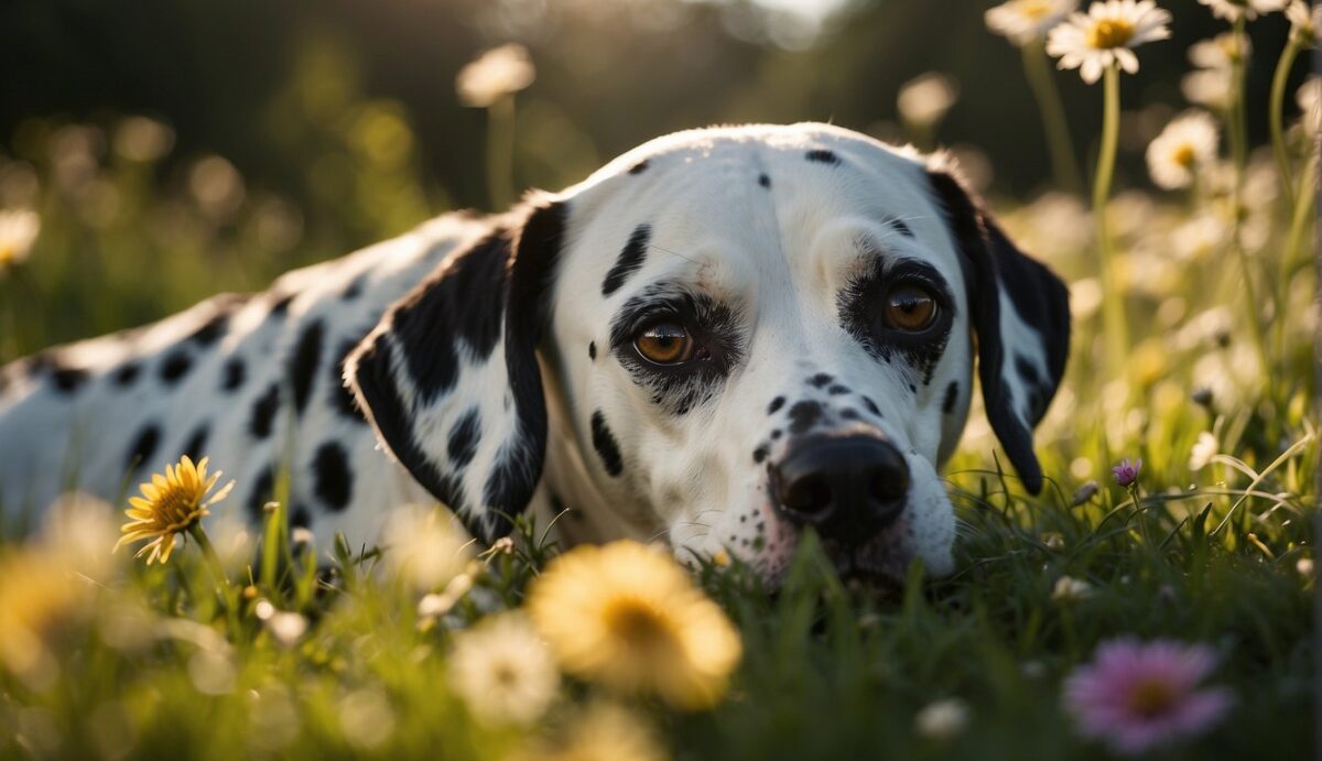 A Dalmatian dog lies in a grassy field, surrounded by blooming flowers. Its fur is shiny and healthy, free from fleas, ticks, and worms. The sun shines overhead, casting a warm glow on the scene