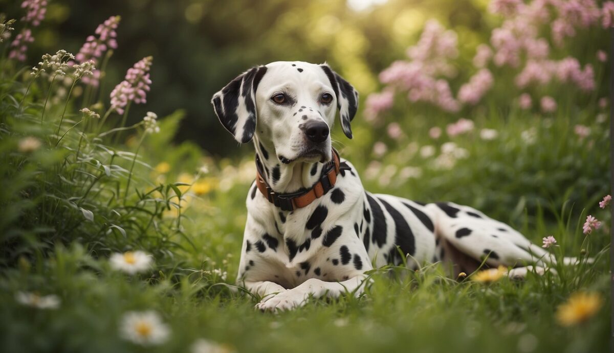A Dalmatian lounges in a lush, green garden, surrounded by blooming flowers and tall grass. The dog is protected from fleas, ticks, and worms by holistic and alternative prevention methods