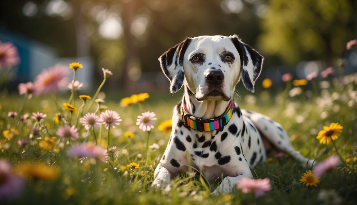 A Dalmatian dog sits on a grassy lawn, surrounded by colorful flowers. A protective collar around its neck repels fleas and ticks, while a deworming tablet sits nearby