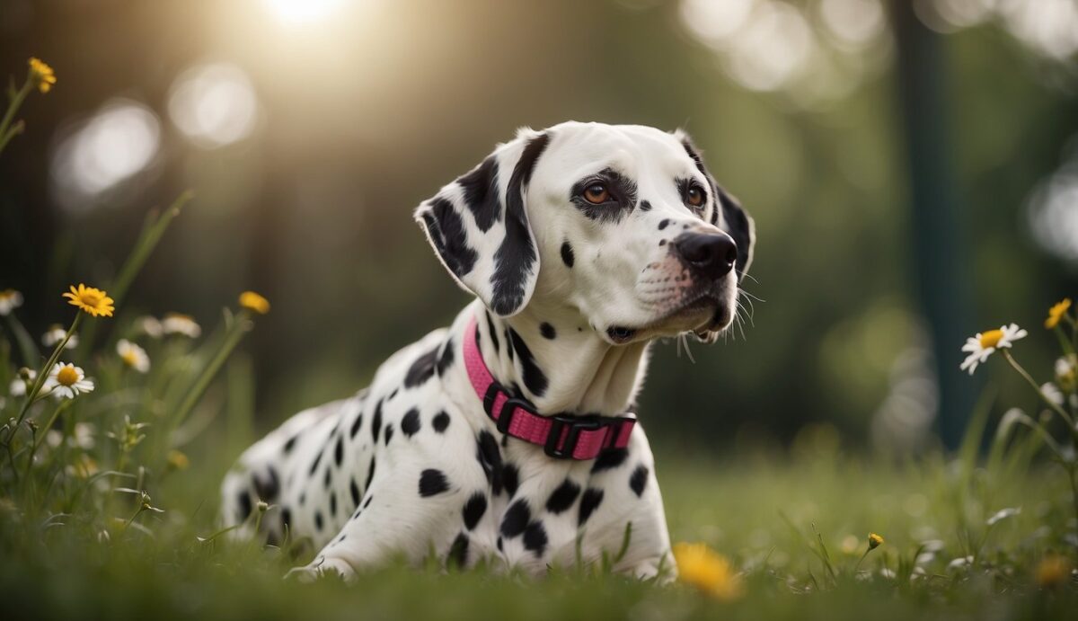 A Dalmatian dog surrounded by a protective barrier of flea, tick, and worm prevention products, with a clear and happy expression