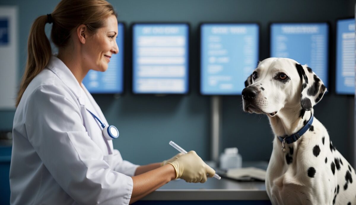 A Dalmatian receiving vaccinations from a veterinarian, with a chart showing the recommended schedule and importance of vaccinations in the background